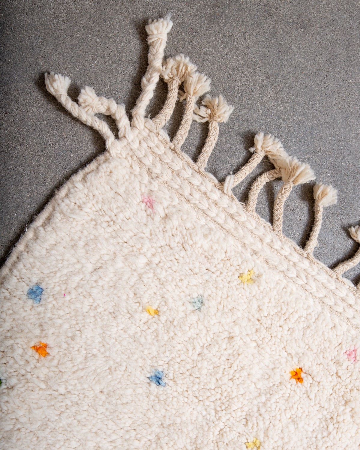 Modern, designer, handcrafted Berber rug from Morocco. Beniourain carpet with beautiful colours and patterns and fluffy wool texture.